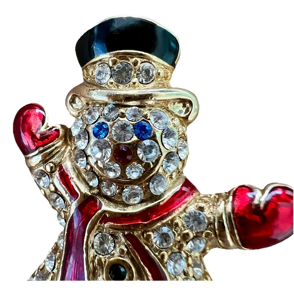 Vintage Monet Signed Red Enamel and Gold Tone Rhinestoned Snowman Pin/Brooch - Picture 2 of 7